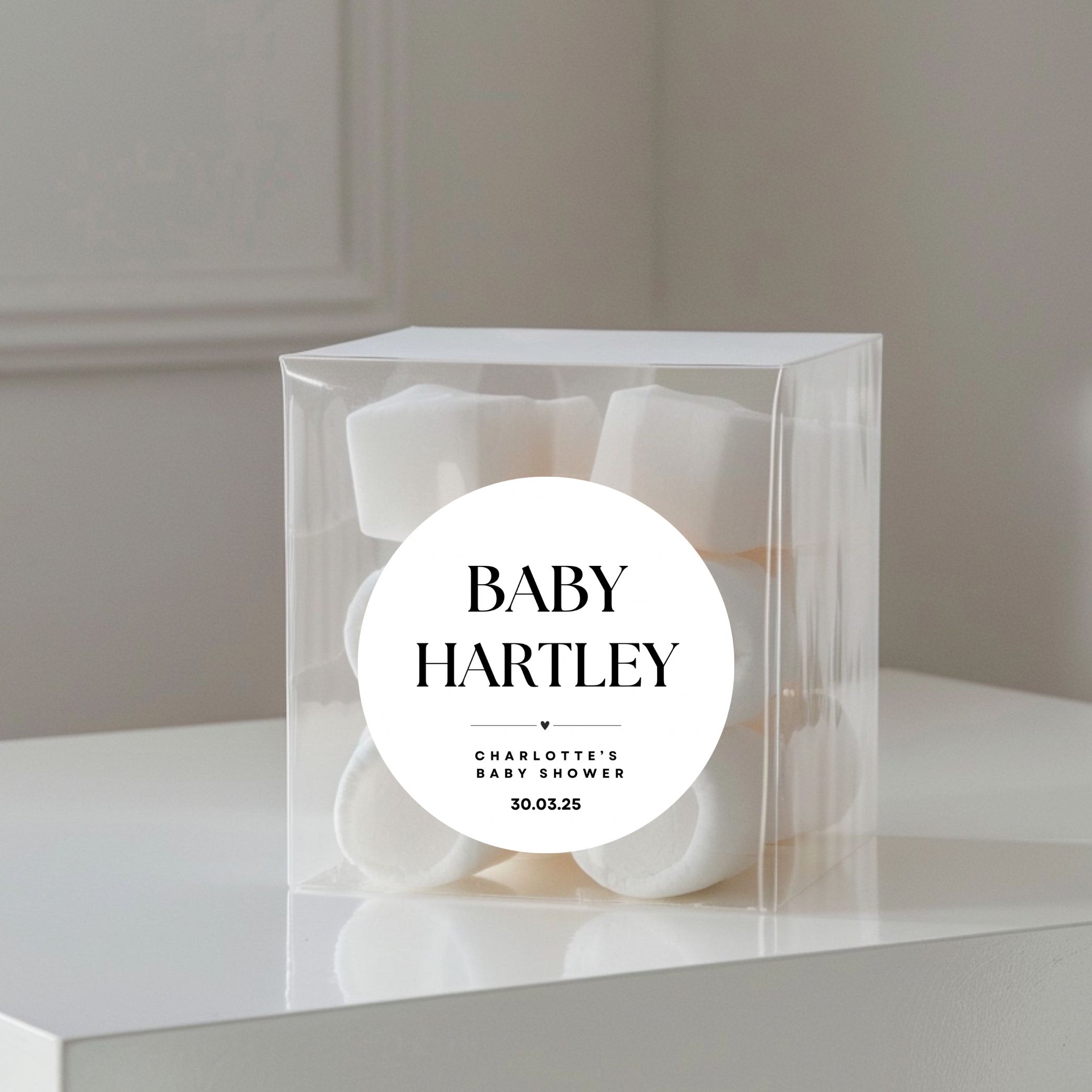 ‘Baby Name’ Baby Shower Transparent Boxes with personalised Stickers- Pack of 10