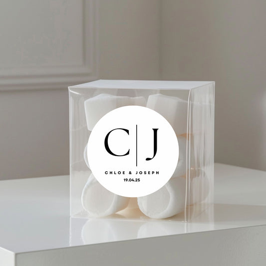 ‘Monogram ’ Wedding Transparent Boxes with Personalised Stickers- Pack of 10