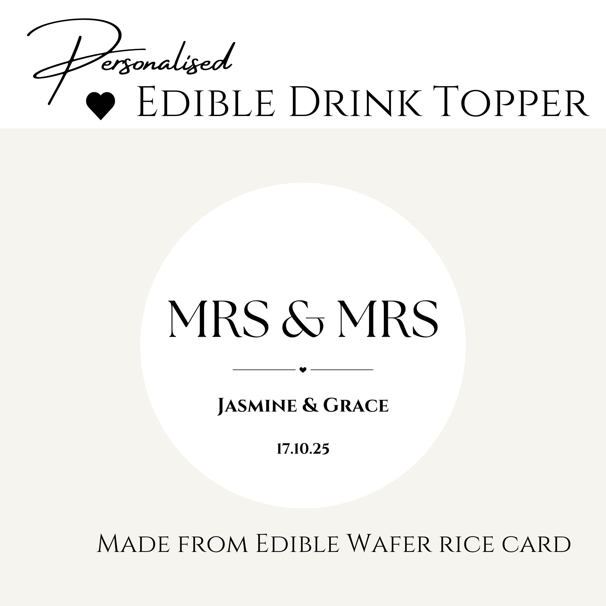 Mrs & Mrs’ Wedding ’ Edible Drink Toppers