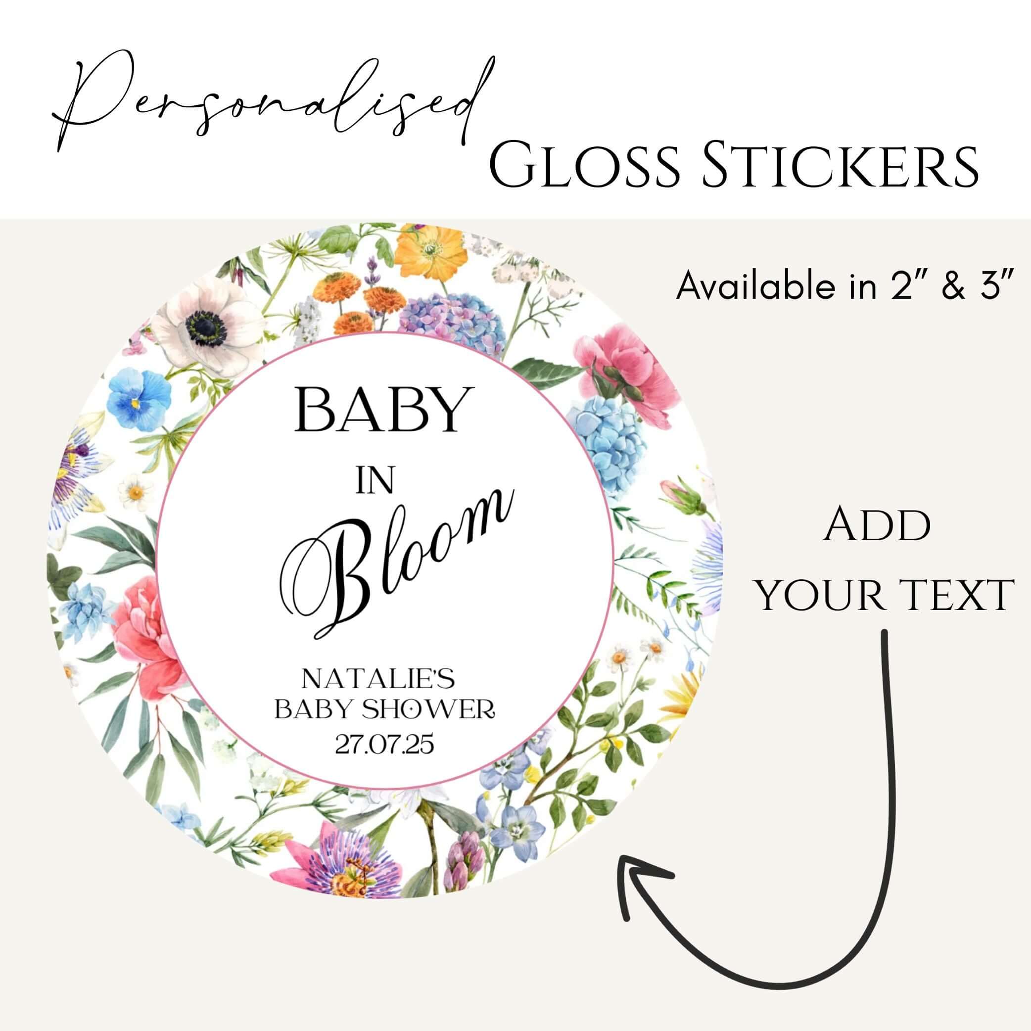 ‘Baby In Bloom ’ Bright Round Gloss Party Stickers