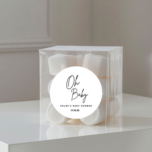 ‘Oh Baby’ Baby Shower Transparent Boxes with personalised Stickers- Pack of 10