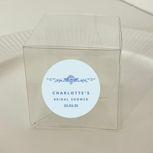 ‘Something Blue’ Bridal Shower Transparent Boxes with Personalised Stickers- Pack of 10