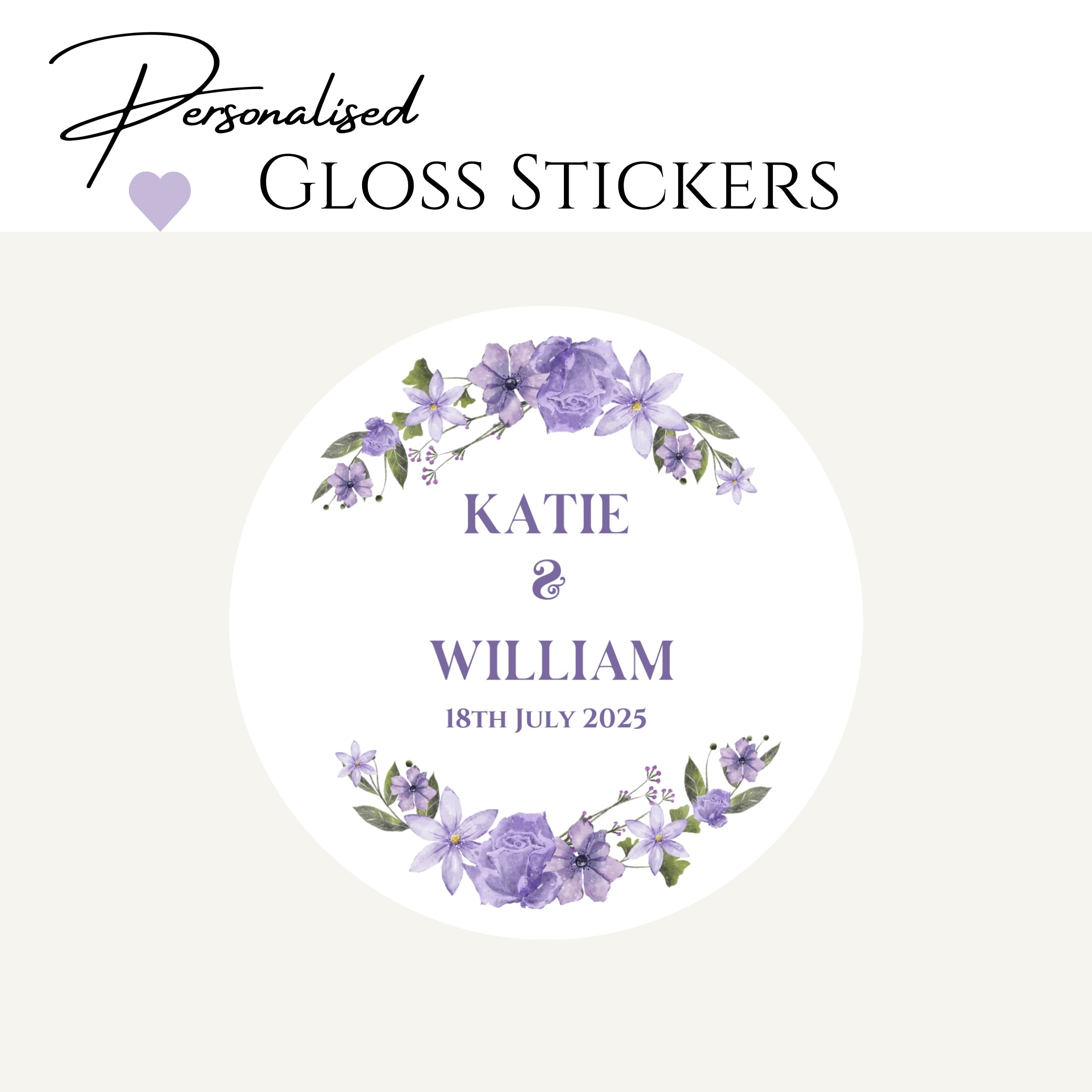 ‘Lilac Love’ Wedding Transparent Boxes with Personalised Stickers- Pack of 10