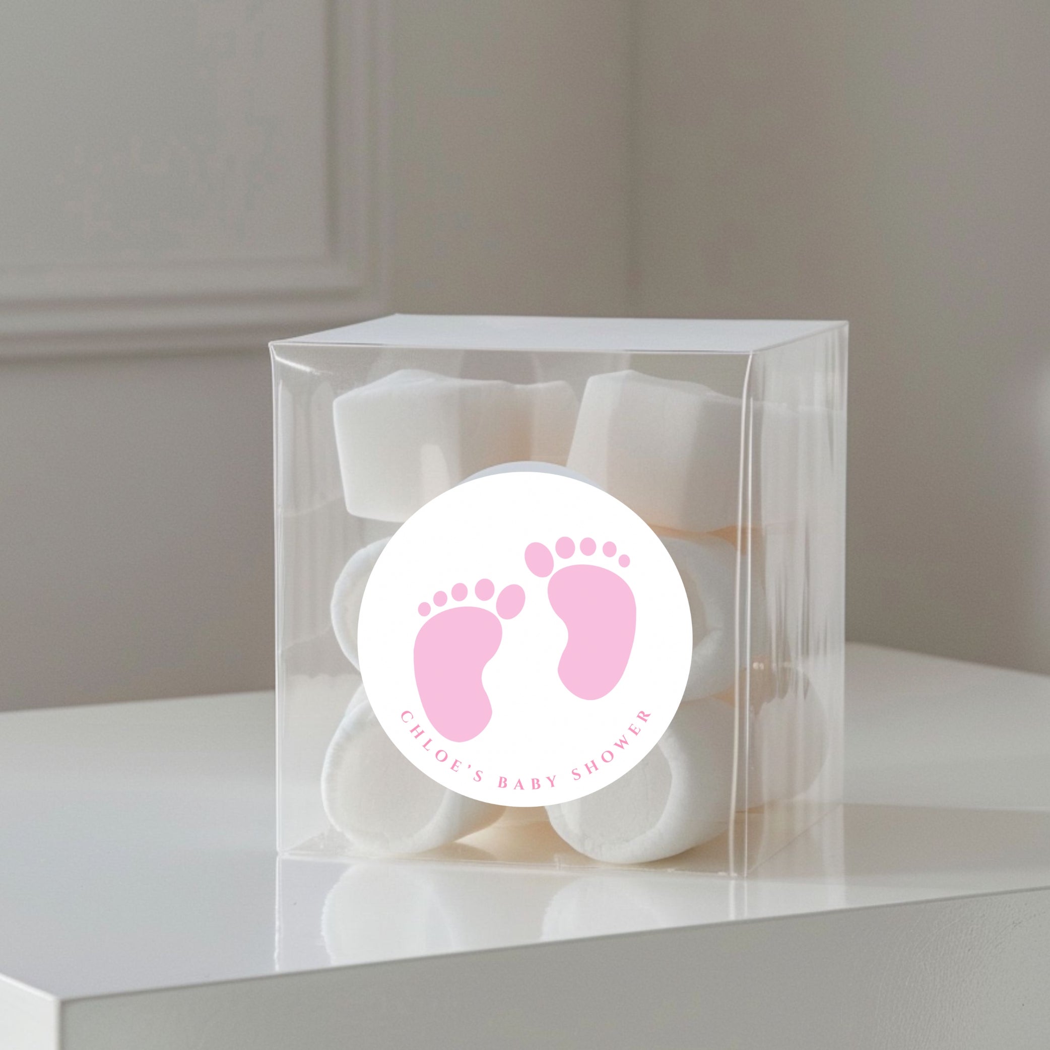 ‘Baby Shower Tootsies Pink’ Baby Shower Transparent Boxes with personalised Stickers- Pack of 10