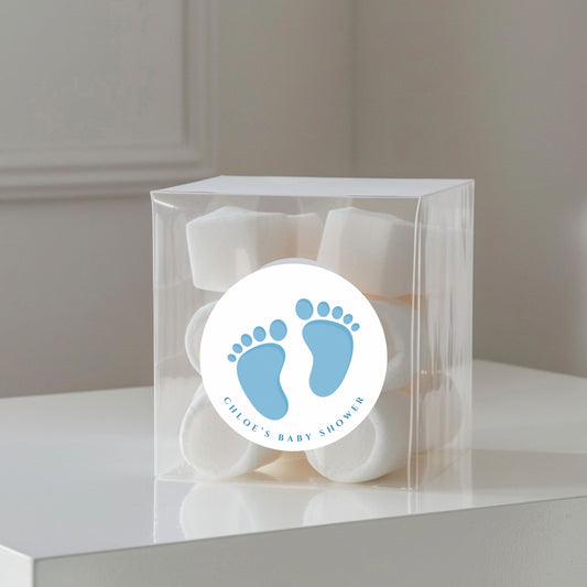 Baby Shower Tooties Blue’ Transparent Boxes with personalised Stickers- Pack of 10