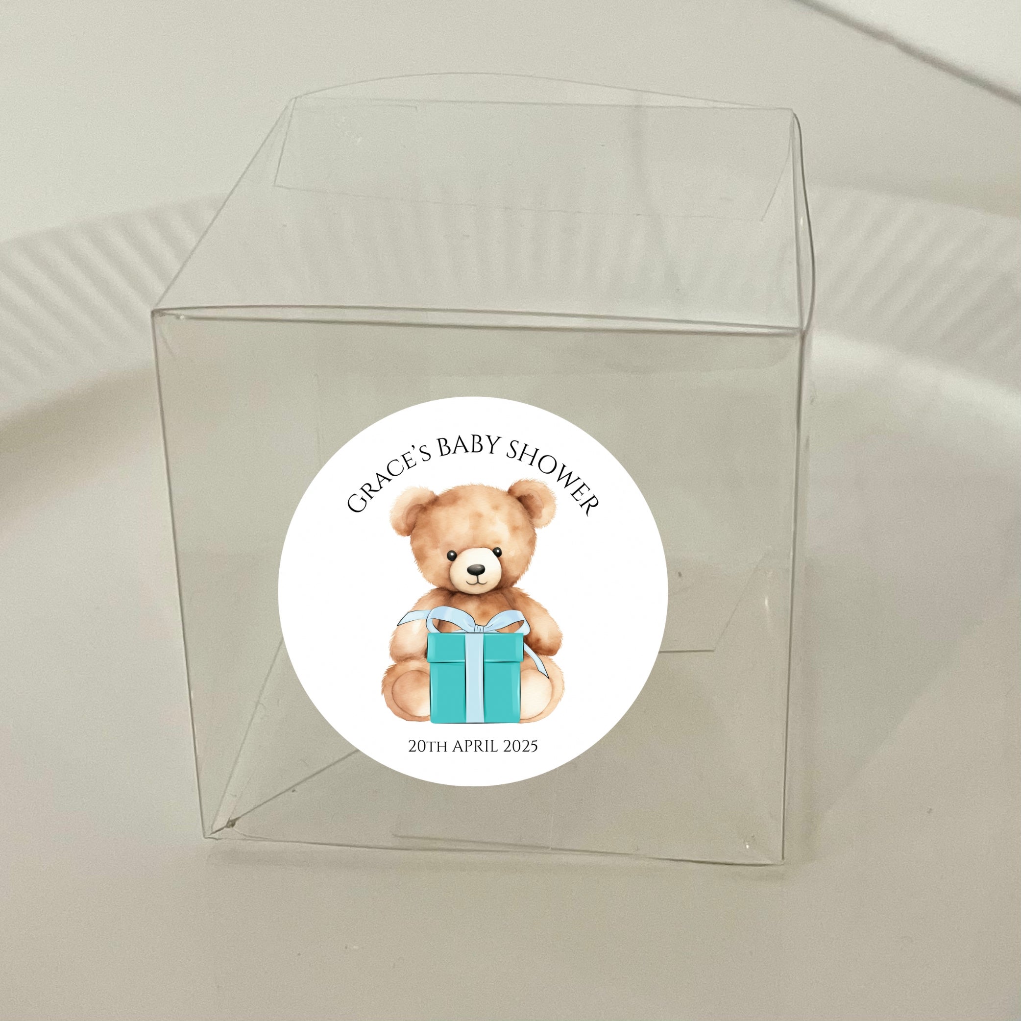 ‘Coco Bear’ Baby Shower Transparent Boxes with personalised Stickers- Pack of 10