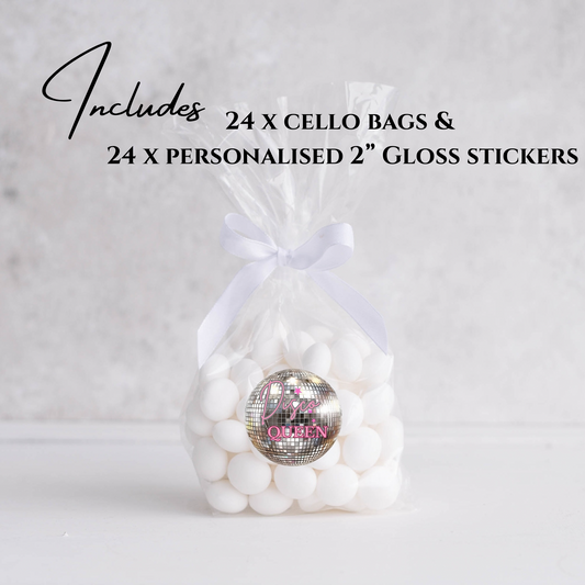 Cello bag favours and gloss personalised stickers. Disco ball