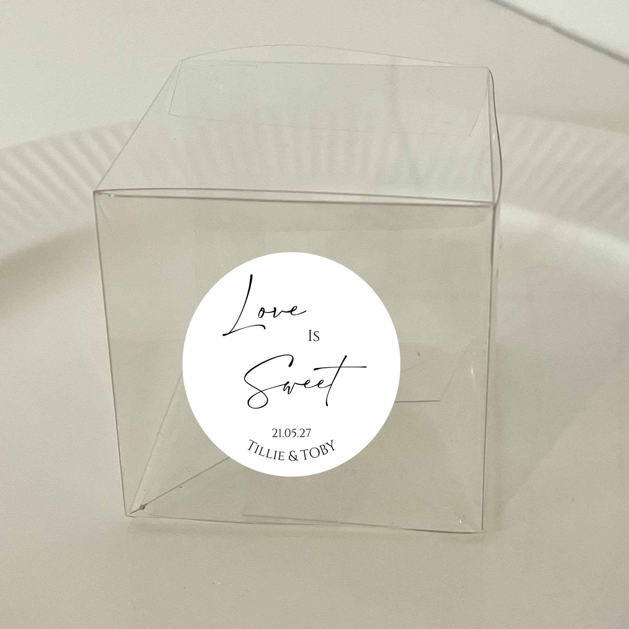 ‘Love Is Sweet’ Wedding Transparent Boxes with Personalised Stickers- Pack of 10