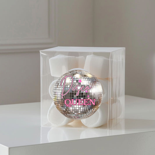 Disco Queen pink and silver gloss sticker on a transparent favour cube box