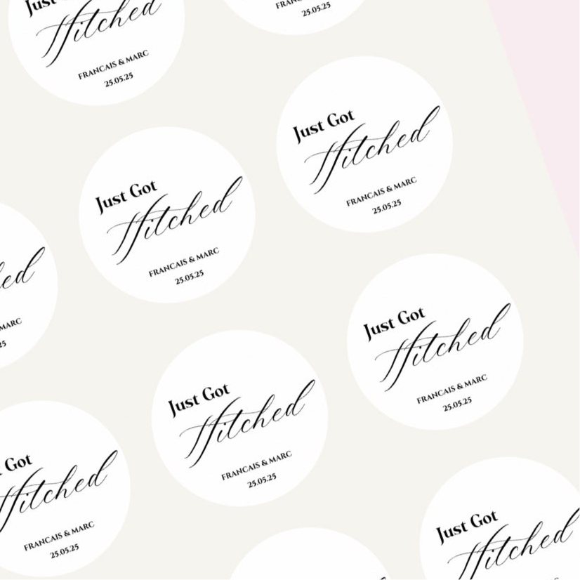 ‘Just got hitched’ Gloss Round Sticker Labels