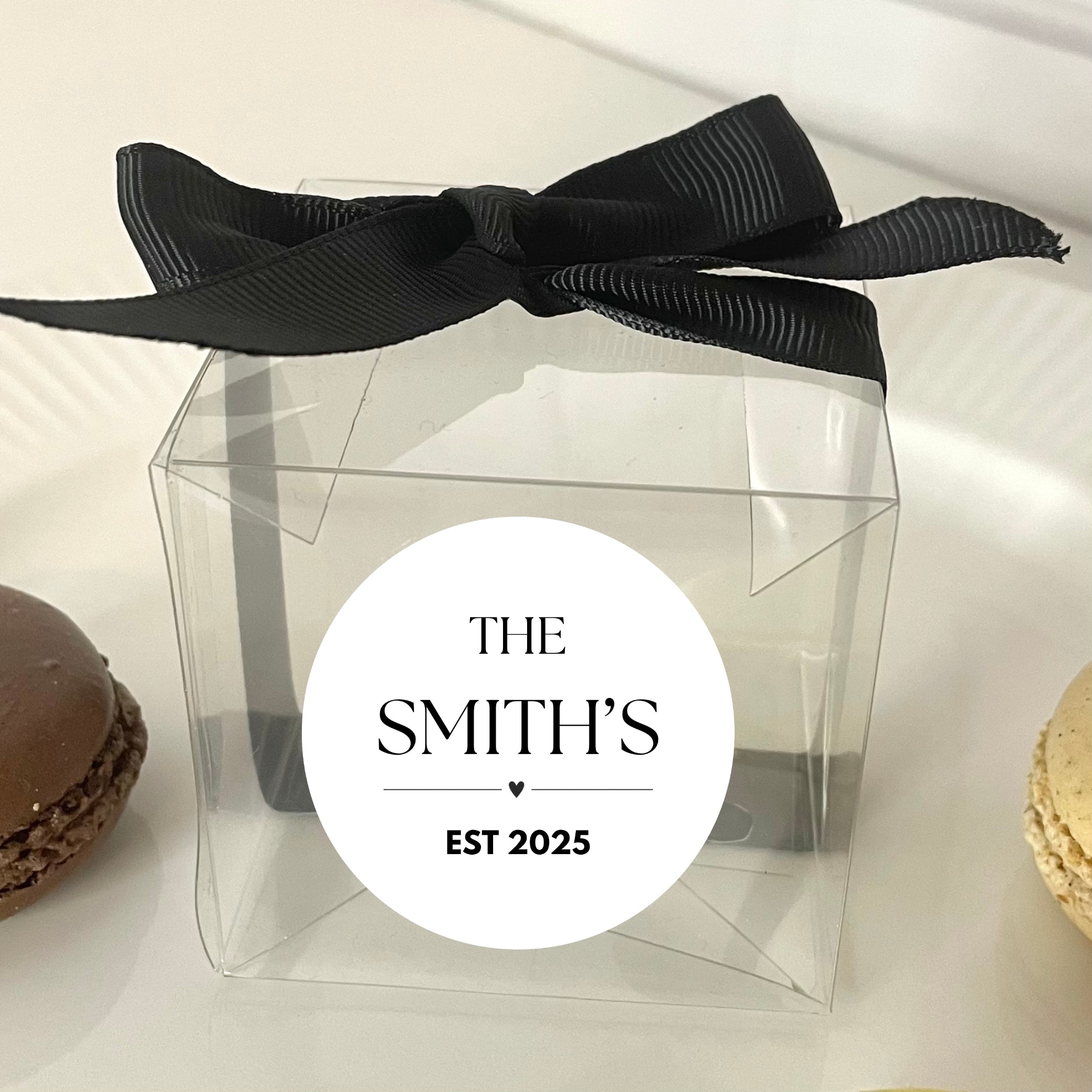 ‘Est ’ Wedding Transparent Boxes with Personalised Stickers- Pack of 10