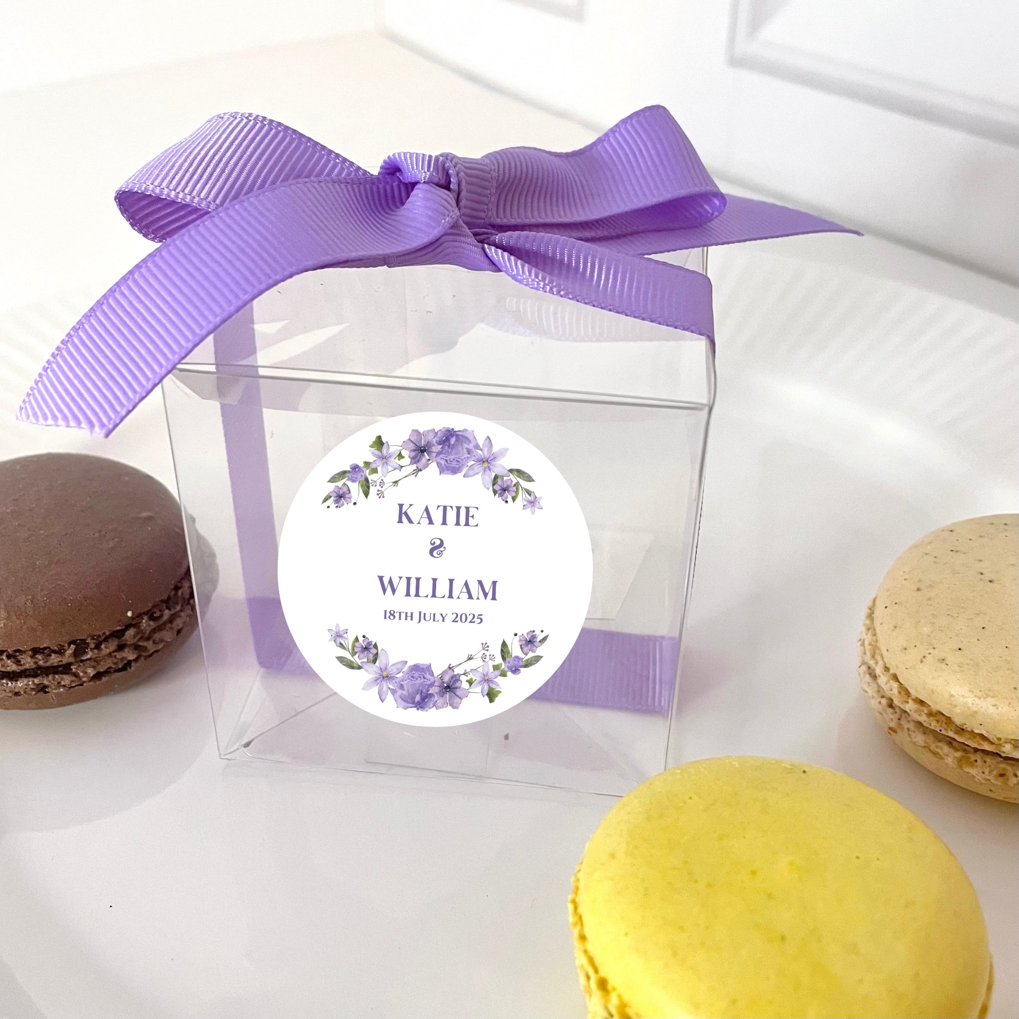 ‘Lilac Love’ Wedding Transparent Boxes with Personalised Stickers- Pack of 10