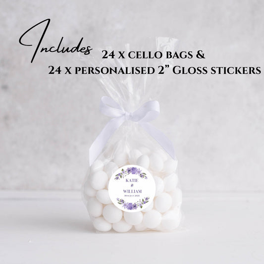 ‘Lilac Love’ Wedding Cello Bags & Stickers- Pack x24