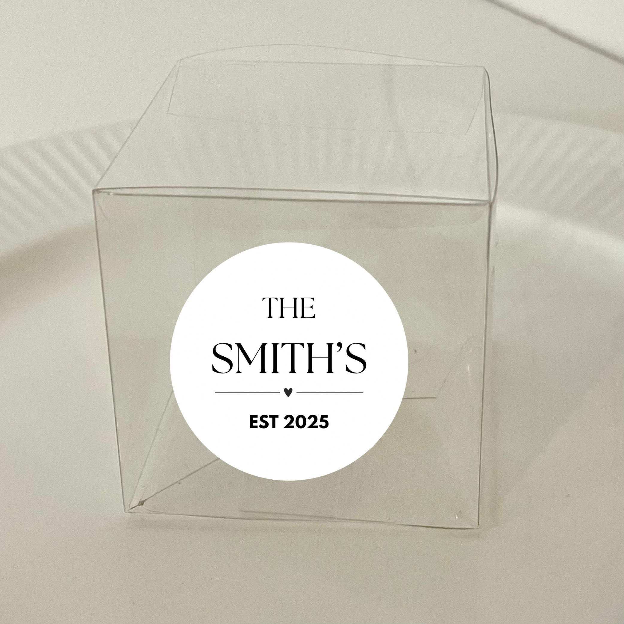 ‘Est ’ Wedding Transparent Boxes with Personalised Stickers- Pack of 10