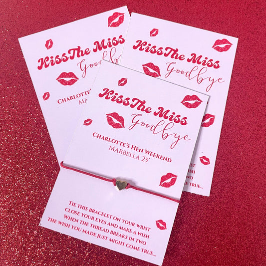 ‘Kiss The Miss Goodbye’’ Heart Embellishment Bridal Shower Wish Thread Bracelets- Pack of 8