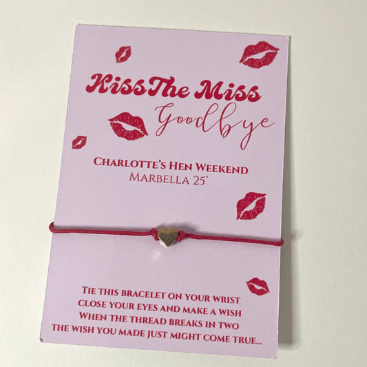 ‘Kiss The Miss Goodbye’’ Heart Embellishment Bridal Shower Wish Thread Bracelets- Pack of 8