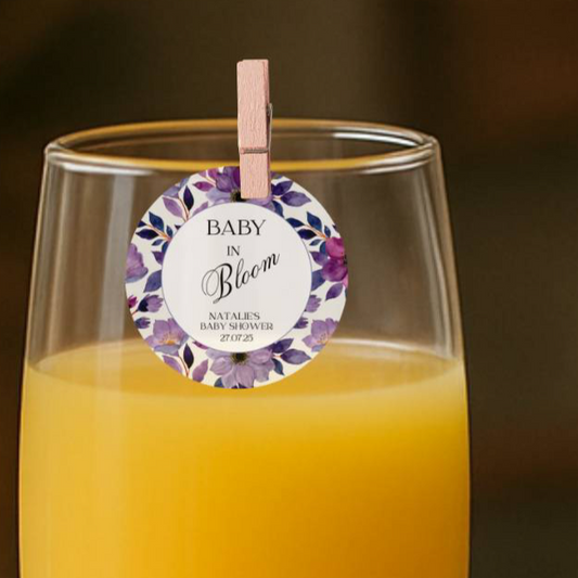 ‘ Baby In Bloom’ Baby Shower- Edible Drink Toppers-Purple Bloom
