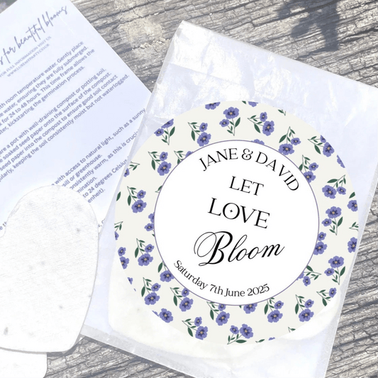 Personalised wildflower seeded paper heart favours lilac blooms