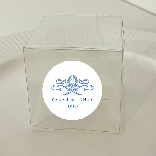 A Touch Of Blue’ Wedding Transparent Boxes with personalised Stickers- Pack of 10