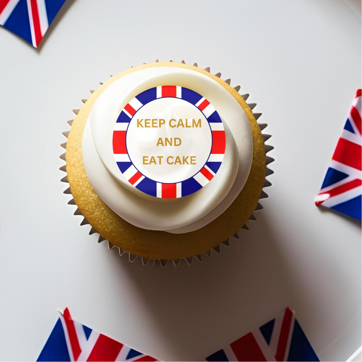 Keep calm and eat cake VE Day wafer card and icing sheet cake toppers