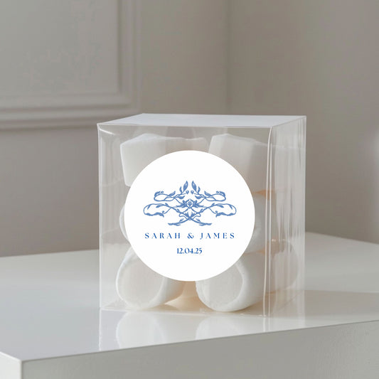 A Touch Of Blue’ Wedding Transparent Boxes with personalised Stickers- Pack of 10