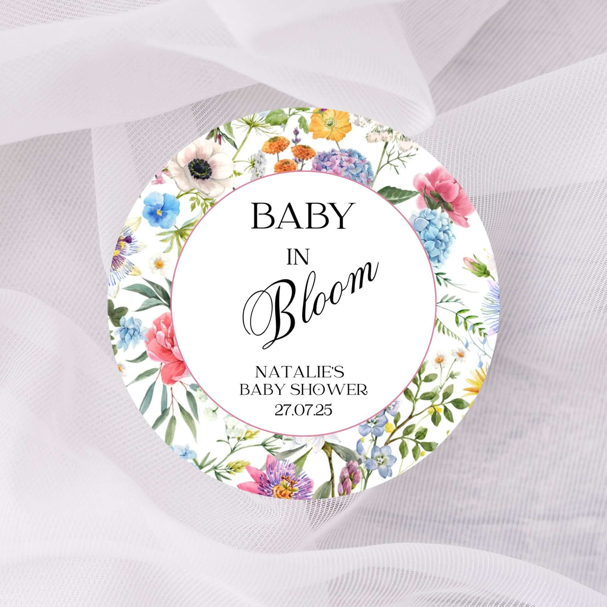 ‘Baby In Bloom ’ Bright Round Gloss Party Stickers