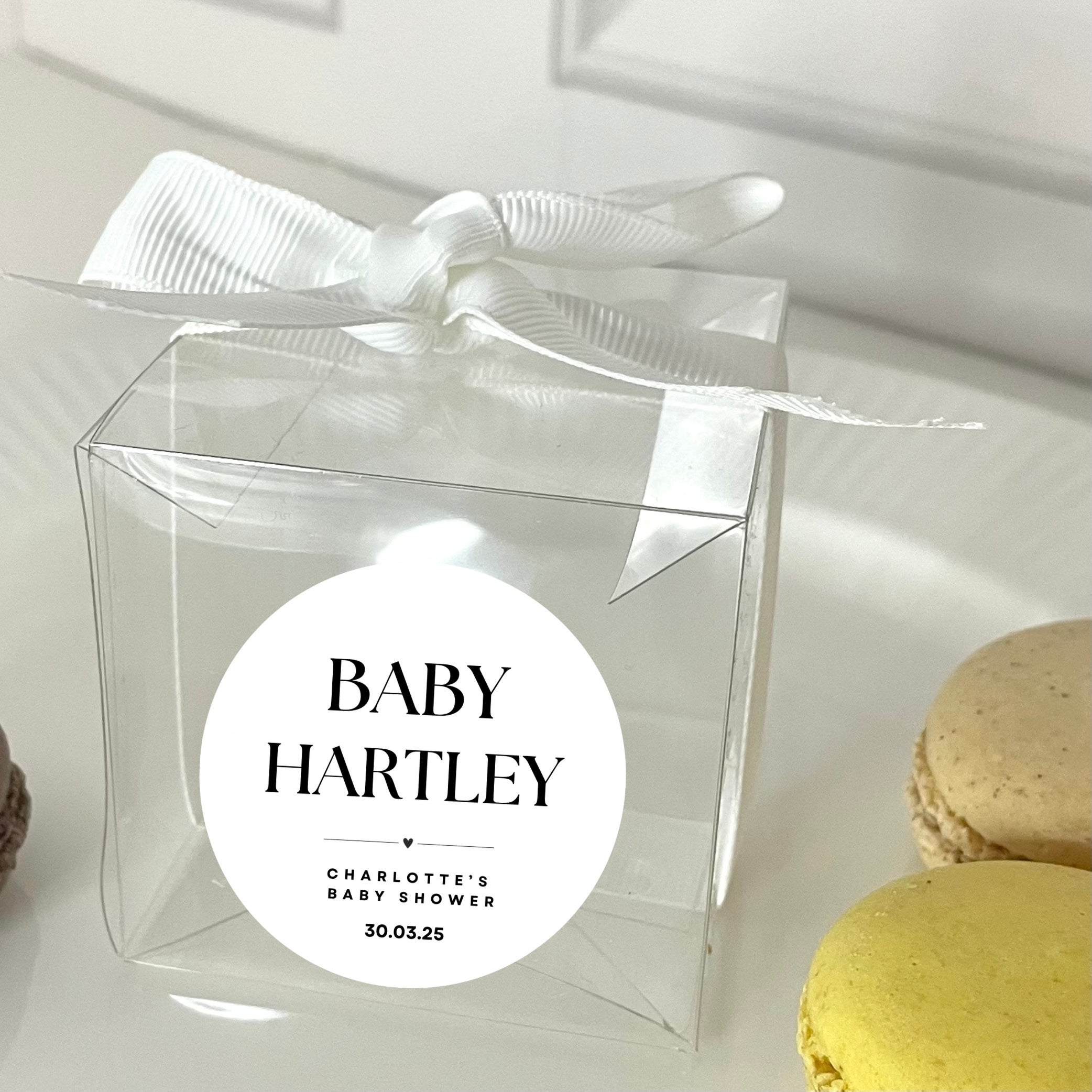 ‘Baby Name’ Baby Shower Transparent Boxes with personalised Stickers- Pack of 10