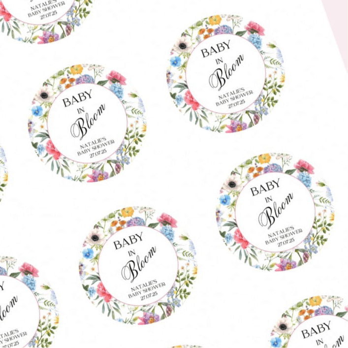 ‘Baby In Bloom ’ Bright Round Gloss Party Stickers