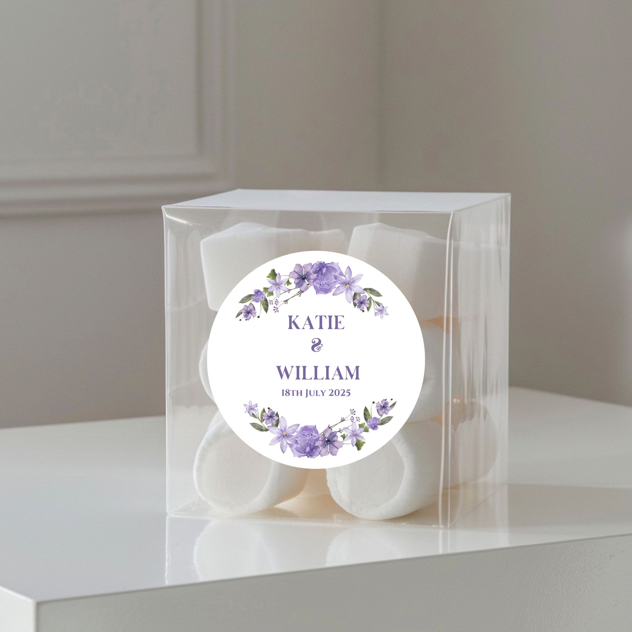 ‘Lilac Love’ Wedding Transparent Boxes with Personalised Stickers- Pack of 10
