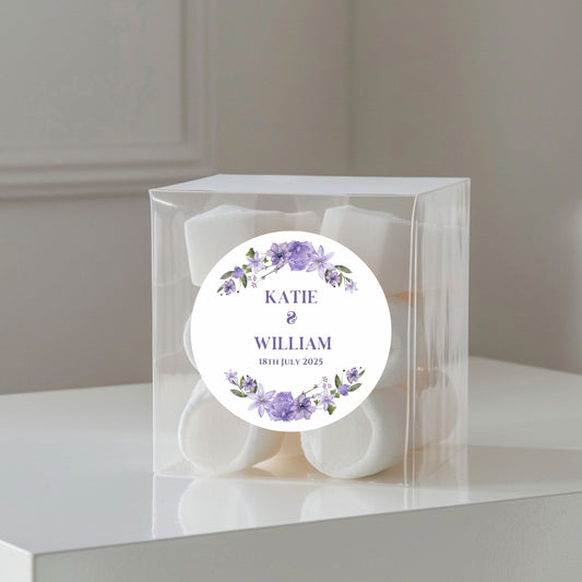 ‘Lilac Love’ Wedding Transparent Boxes with Personalised Stickers- Pack of 10
