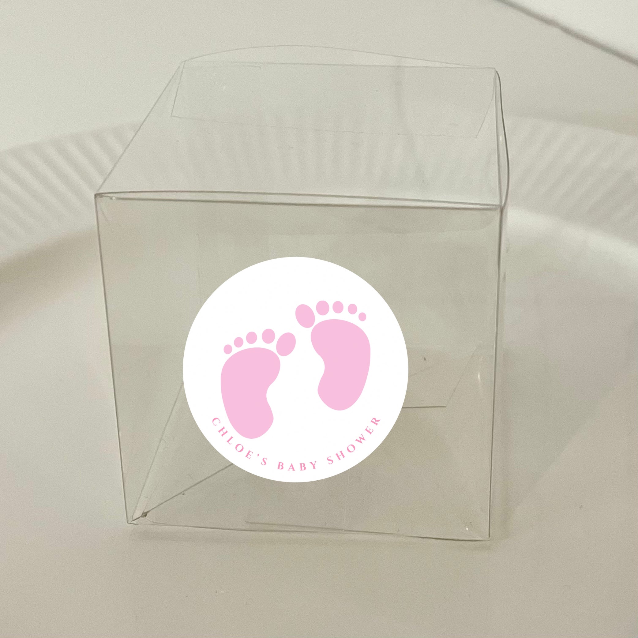 ‘Baby Shower Tootsies Pink’ Baby Shower Transparent Boxes with personalised Stickers- Pack of 10