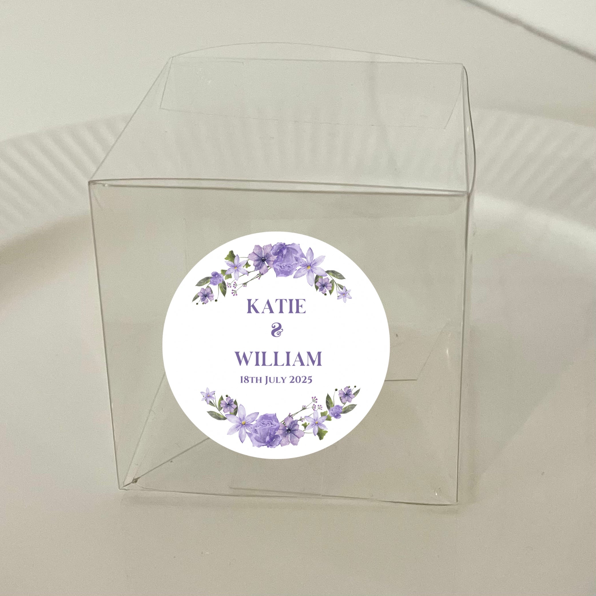 ‘Lilac Love’ Wedding Transparent Boxes with Personalised Stickers- Pack of 10