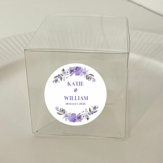 ‘Lilac Love’ Wedding Transparent Boxes with Personalised Stickers- Pack of 10