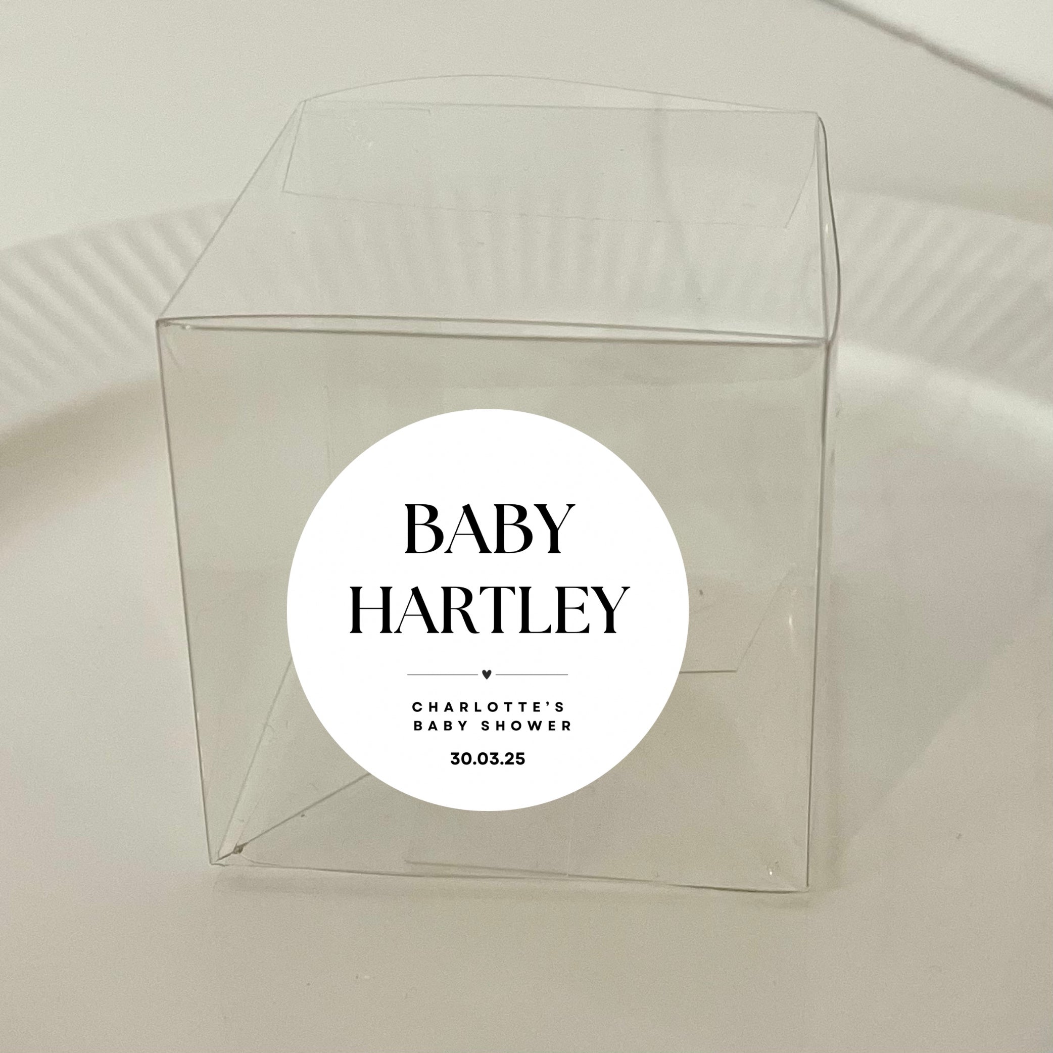 ‘Baby Name’ Baby Shower Transparent Boxes with personalised Stickers- Pack of 10