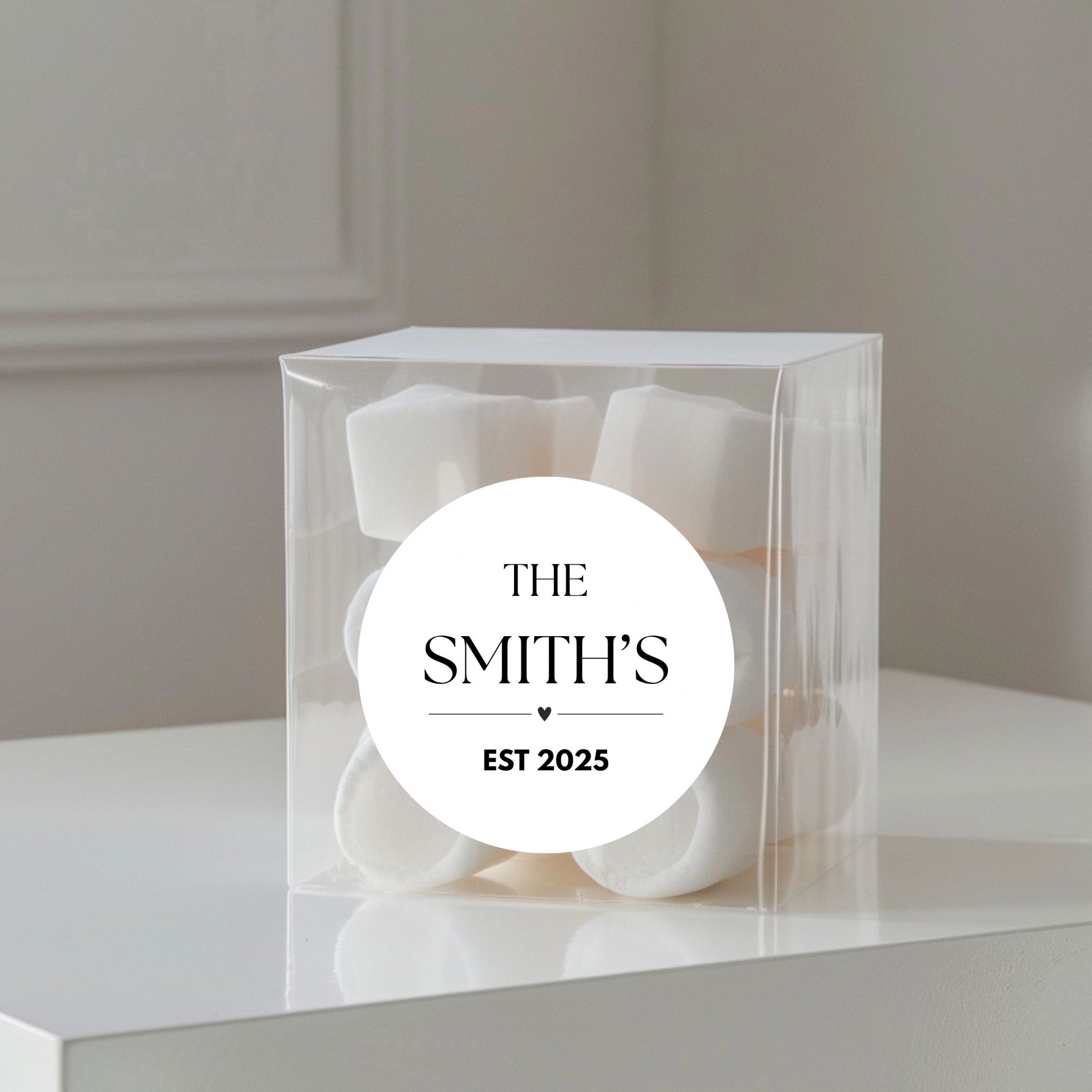‘Est ’ Wedding Transparent Boxes with Personalised Stickers- Pack of 10