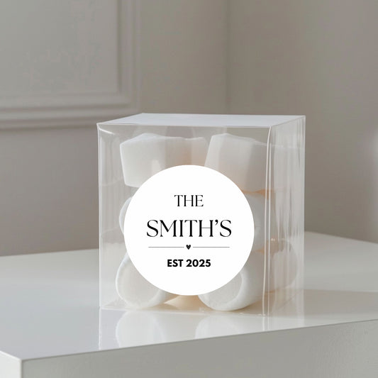 ‘Est ’ Wedding Transparent Boxes with Personalised Stickers- Pack of 10