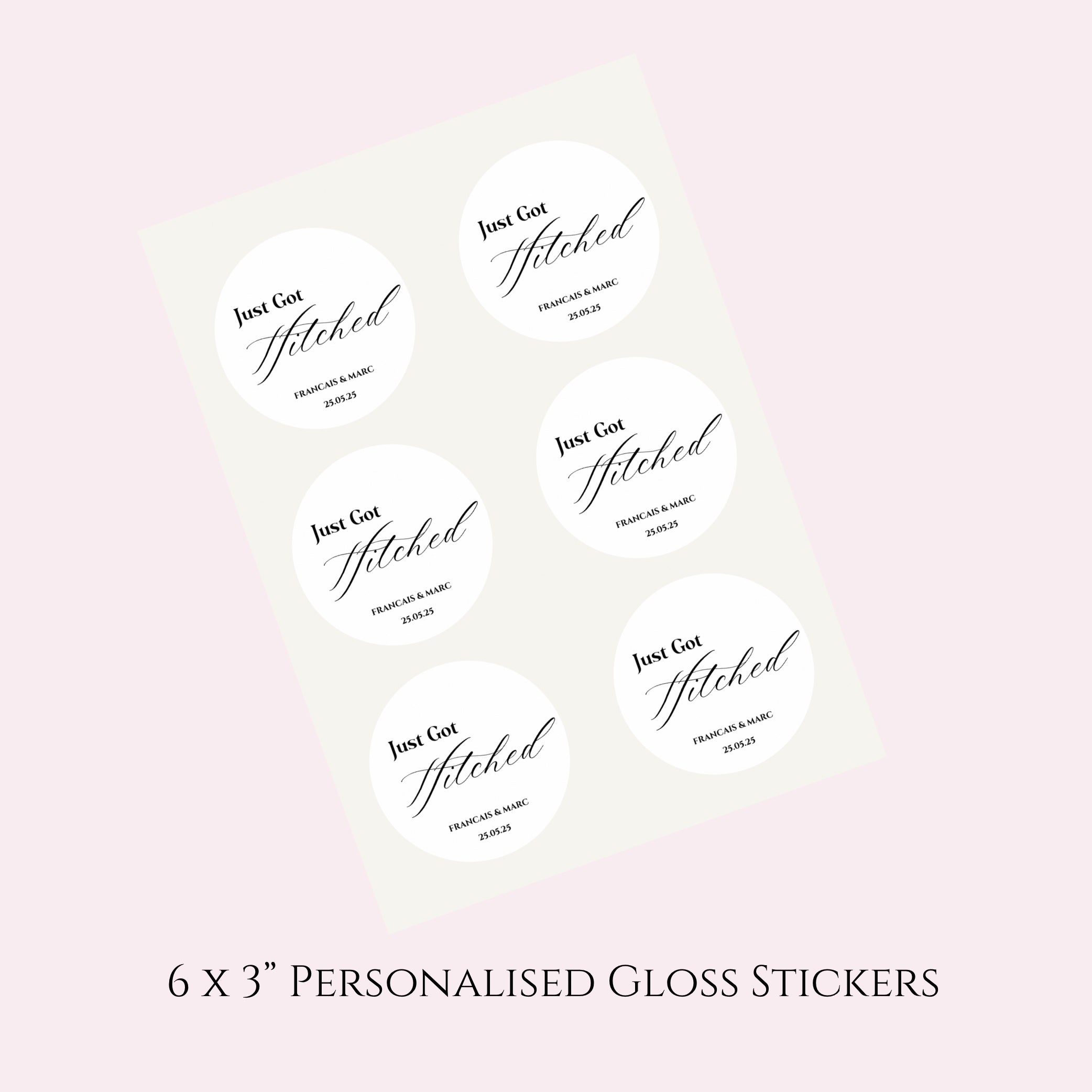 ‘Just got hitched’ Gloss Round Sticker Labels