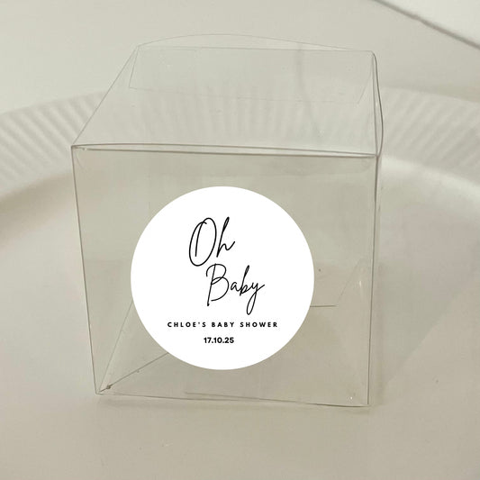 ‘Oh Baby’ Baby Shower Transparent Boxes with personalised Stickers- Pack of 10