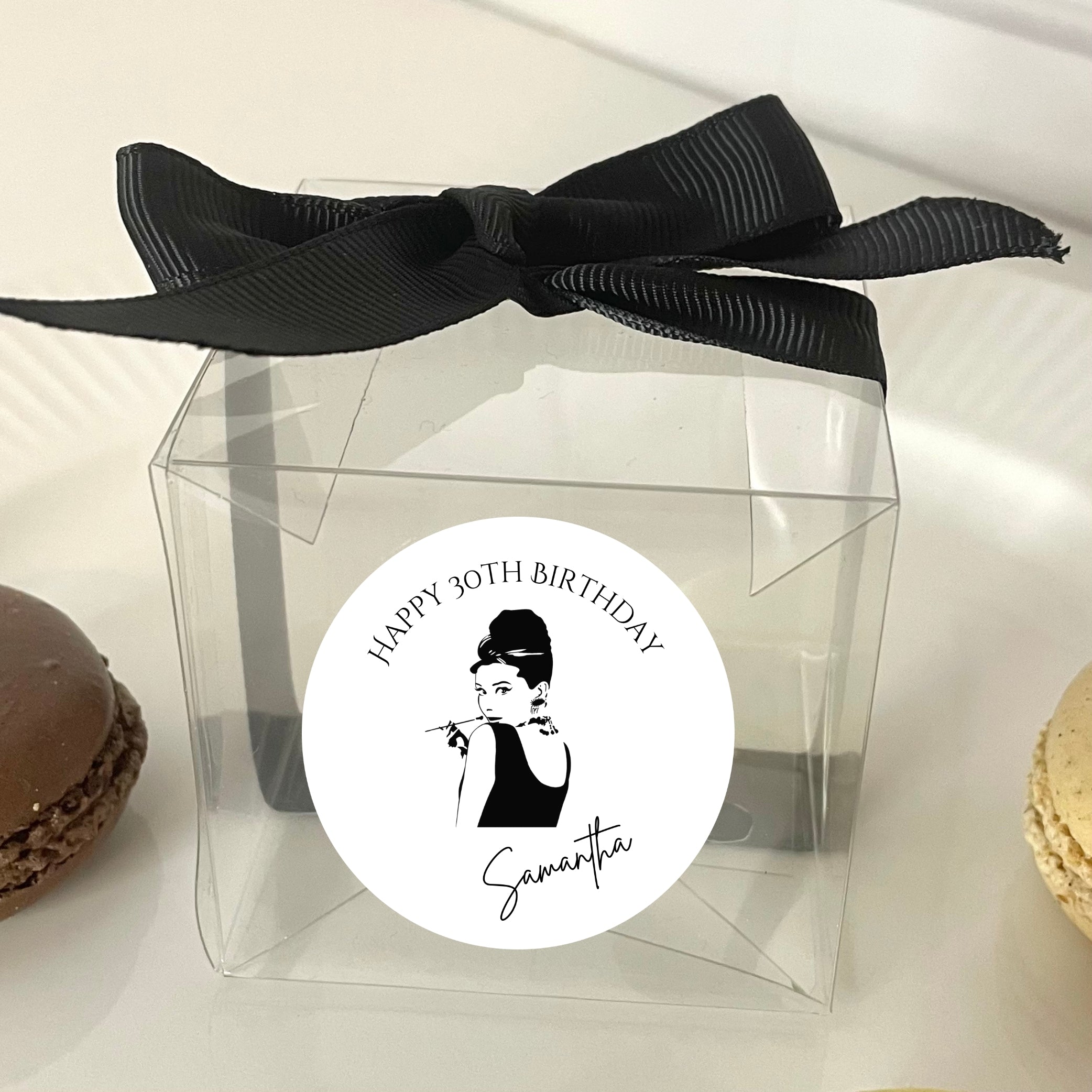 Cube transparent box and 2” gloss sticker