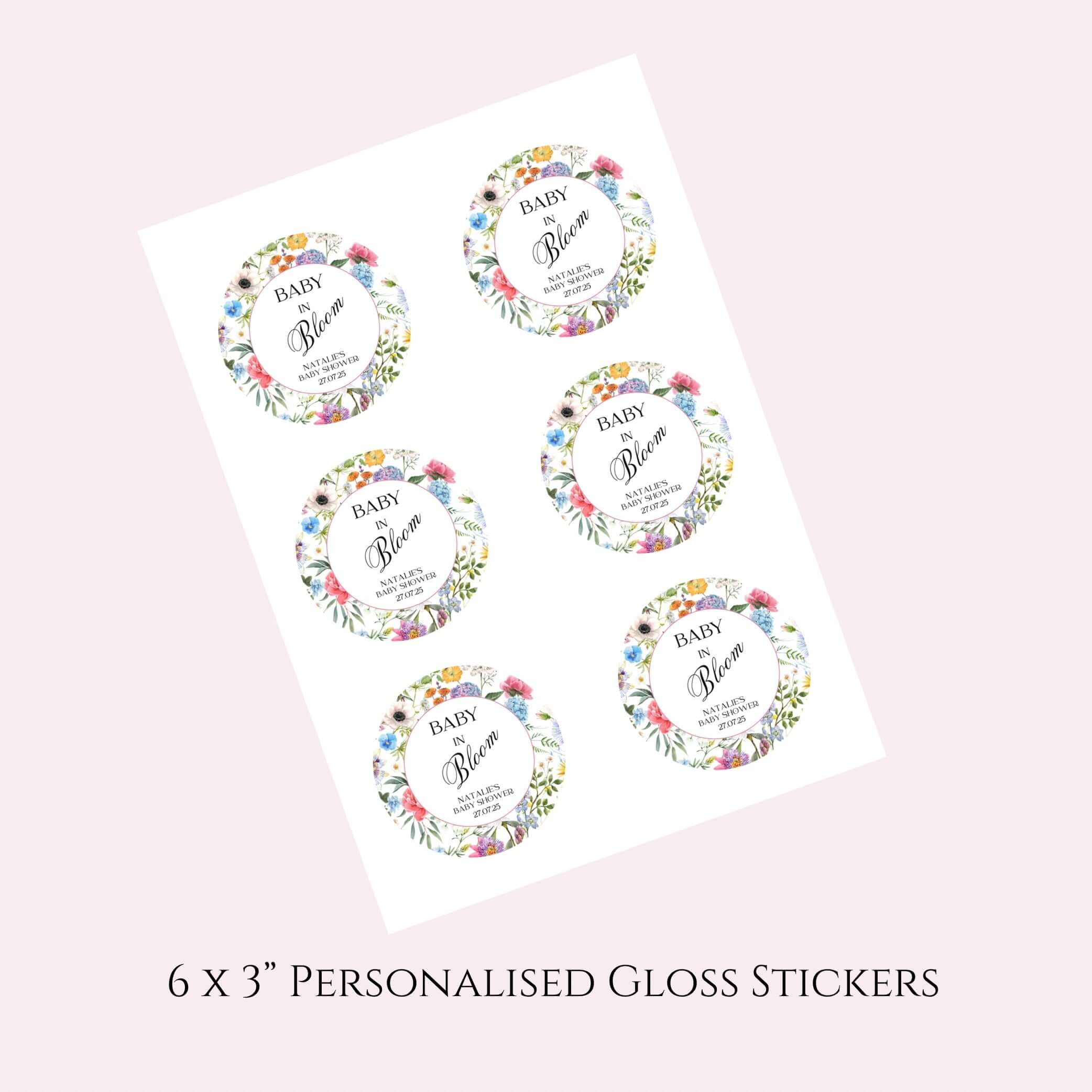 ‘Baby In Bloom ’ Bright Round Gloss Party Stickers